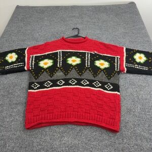 Vintage Handknit Sweater Mens L Red Wool Floral Geometric Chunky Boho Style